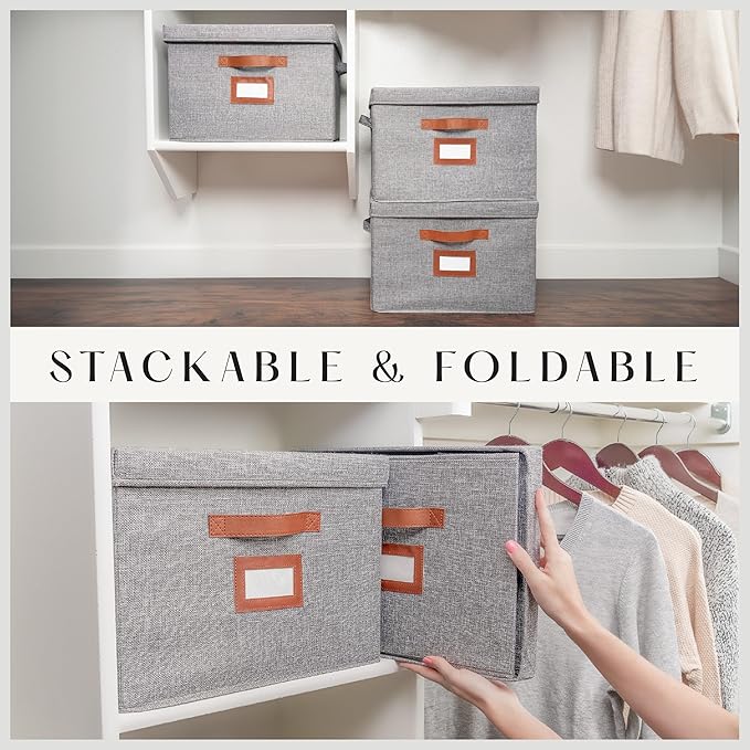 3 Pack Large Fabric Storage Boxes with Lids (15.75 x 11.25 x 11.25) - Decorative Bin with Lid Label Holder Faux Leather Handles - Large Storage Boxes for Organizing Clothes Blankets - Grey