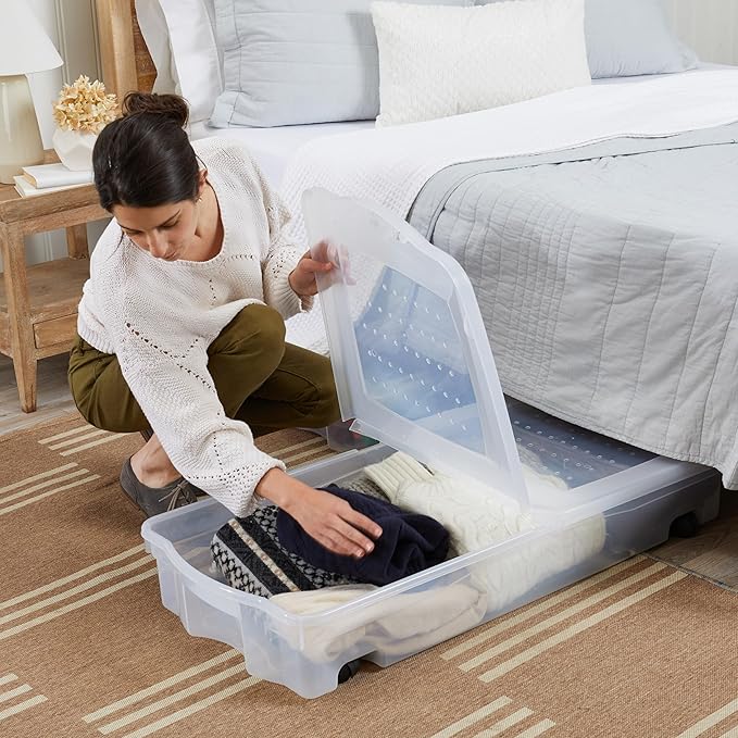 Rubbermaid 70 Quart Under the Bed Low Profile Storage Boxes with Dual Hinged Lids and Easy Rolling Caster Wheels Clear 2 Pack