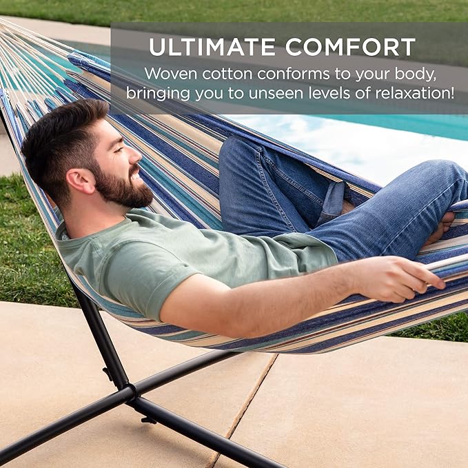 Best Choice Products Double Hammock with Steel Stand Indoor Outdoor Brazilian-Style Cotton Bed w/Carrying Bag 2-Person Capacity - Ocean