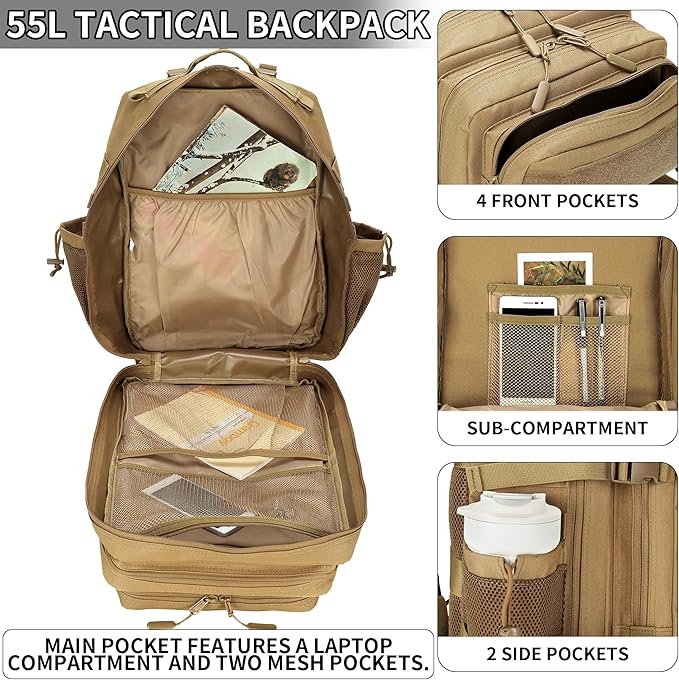 55L Tactical Backpack Heavy Duty Military Rucksack Molle Backpack 3 Day Assault Pack for Work Outdoors