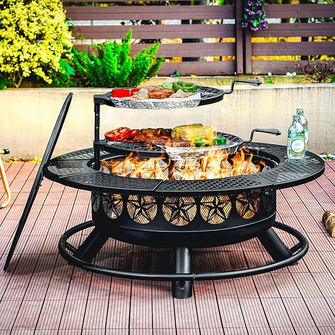 42 Inch BBQ Fire Pit with 2 Grills3-in-1 Outdoor Round Metal Fire Pit Table with LidFire PokerLarge Outdoor Wood Burning Firepits for OutsidePicnicBonfire Backyard Patio(Black)