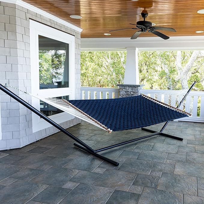 Hatteras Hammocks Navy Soft Weave Hammock with Free Extension Chains &amp Tree Hooks Accommodates 2 People 450 LB Weight Capacity 13 ft. x 55 in.
