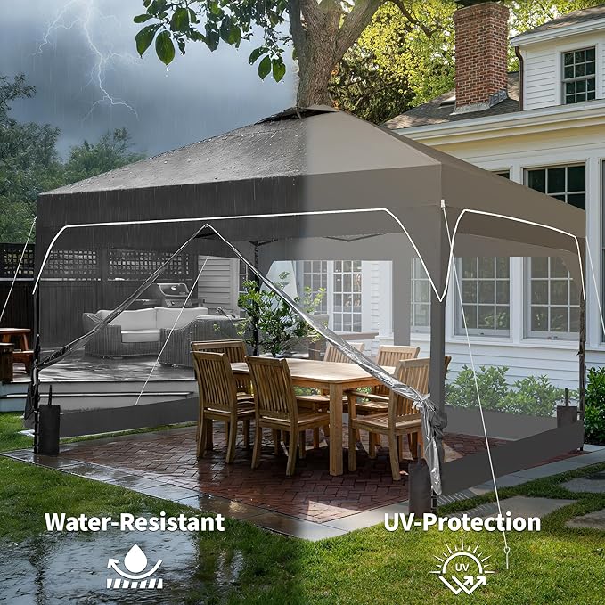 GDY 8x8FT Outdoor Pop Up Canopy Tent with One Push Setup Easy Setup Gazebo with 4 PVC Transparent Sidewalls for Events Parties Camping Gray
