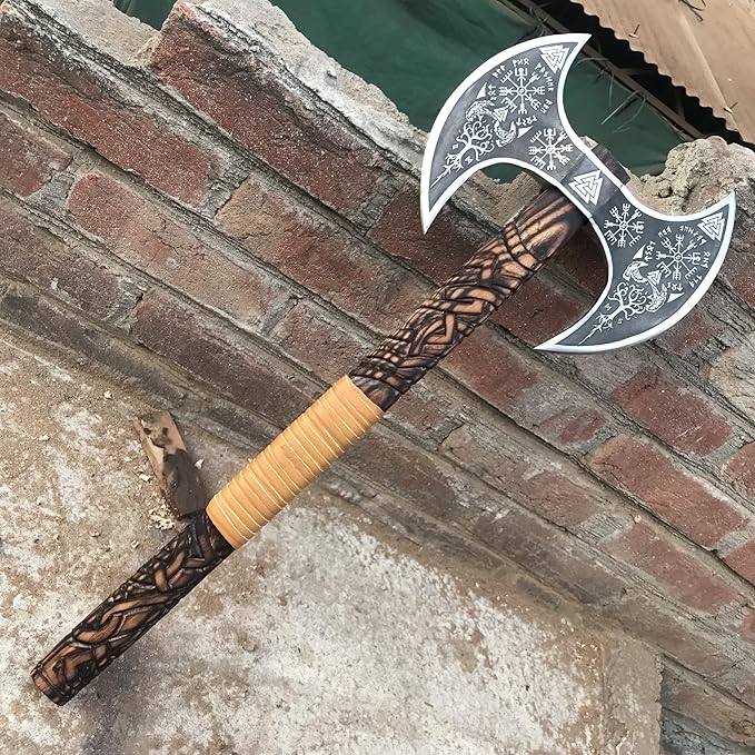 Medieval Viking Double Headed Axe – Double Sided Axe - Full Engraved Beautiful BattleVikings Twin Blades Authentic Two Sided Hatchet Norse Berserker Ax Carved Shaft with Leather Sheath