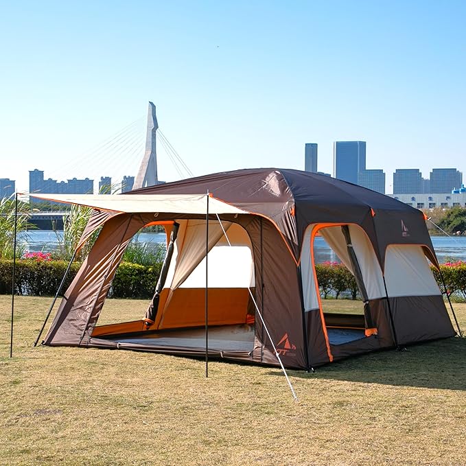 KTT Extra Large Tent 10-12-14 Person(B)Family Cabin Tents2 Rooms3 Doors and 3 Windows with MeshStraight WallWaterproofDouble LayerBig Tent for OutdoorPicnicCampingFamily Gathering