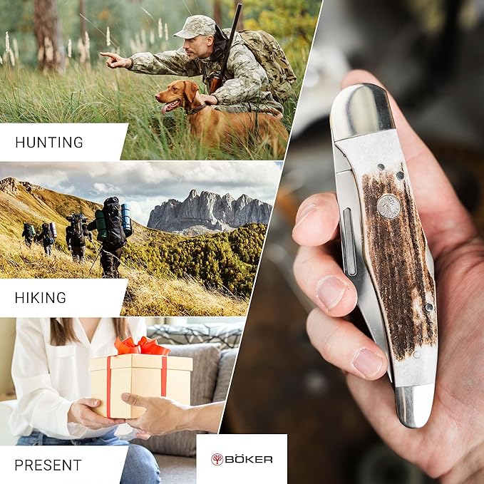 Boker Folding Hunter Single Blade 4.5 Inch Folding Pocket Knife Genuine Stag Handles Traditional Sereis 2.0 Made In Germany