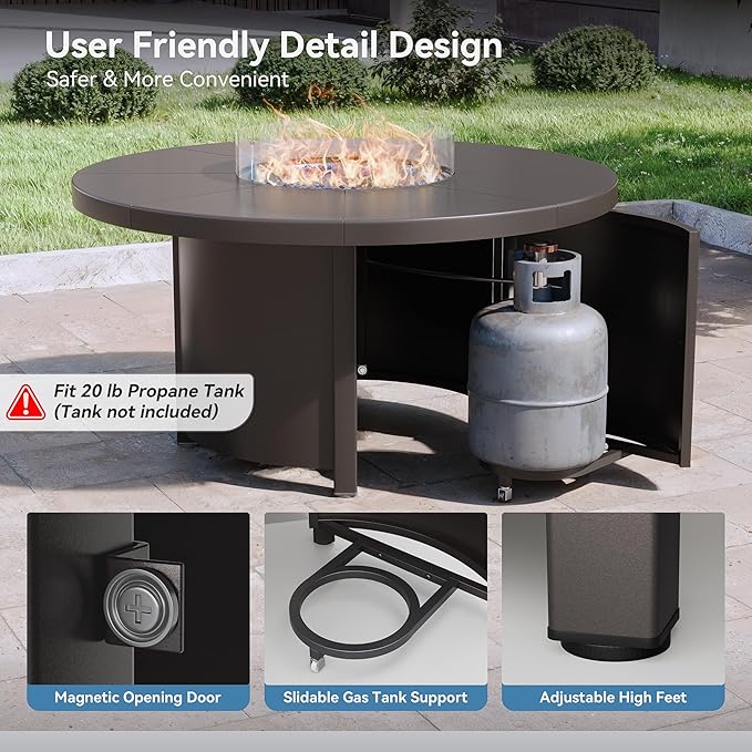 Kullavik 48 Round Propane Fire Pit Table55000 BTU Auto-Ignitiongas Gas Fire Table with Fire Glass and LidWaterproof Cover and Pumice Stone for PatioBalconyGarden