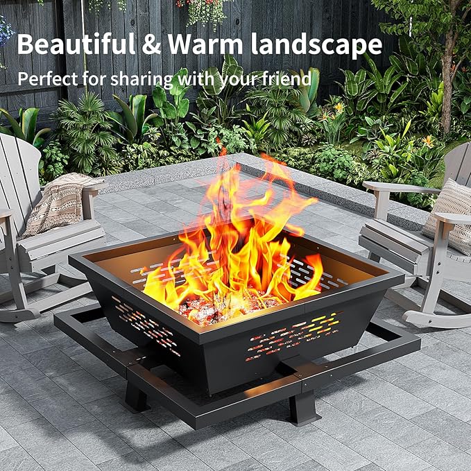 42 Large Fire Pit Square Outdoor Fire Pit with Poker Wood Burning FirePit for Camping Backyard Patio