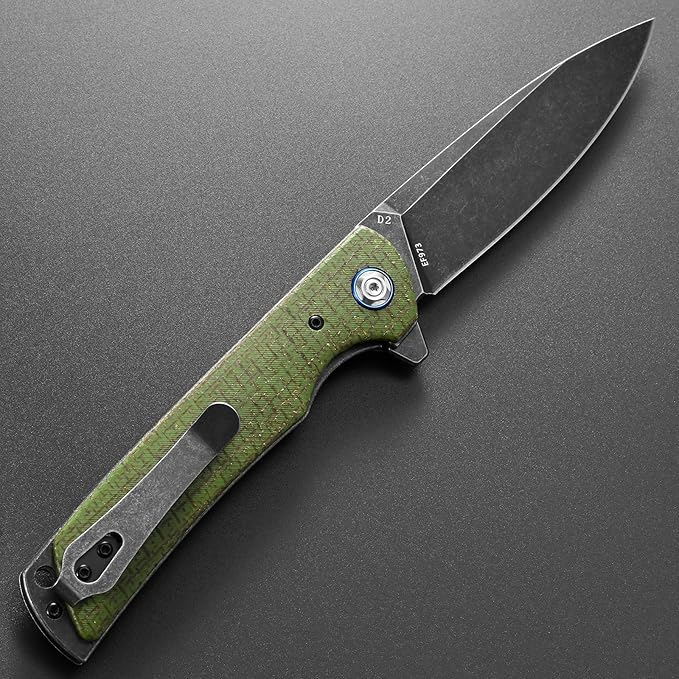 Eafengrow EF973 Folding Knife D2 Steel Blade Micarta Handle Scale Pocket Knife Folder for Working Camping Hiking EDC Tool Knife（army green