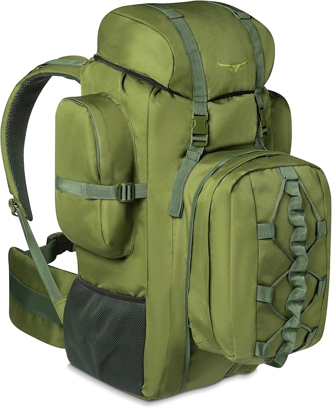 Boundless Performance 125L Rucksack Backpack for Men – Heavy Duty Metal Frame Camping Backpack with Detachable Daypack | Tactical Utility Outdoor Hiking &amp Multiday Travel Bag for Men-Olive Gree