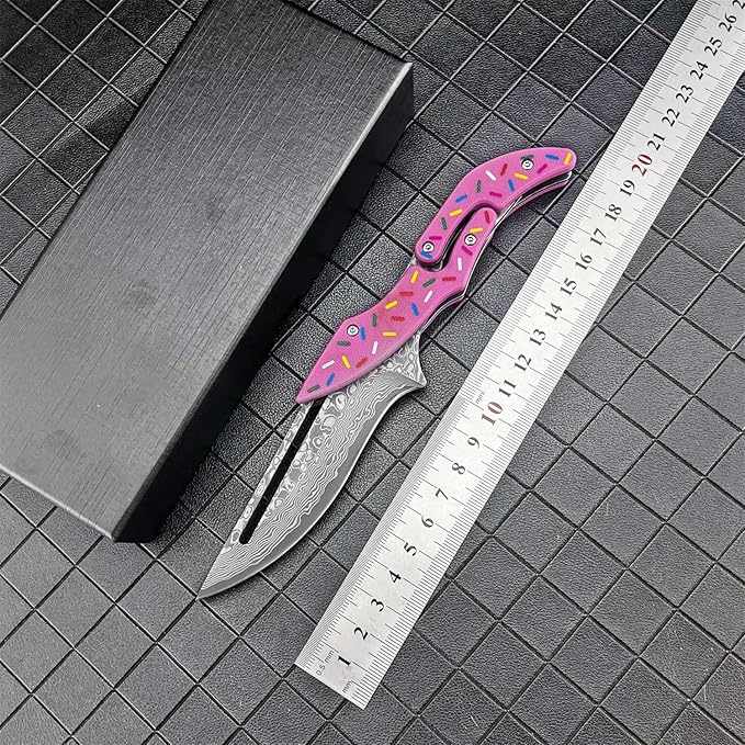 7.3 Damascus Steel Folding Pocket Knife Doughnut Pink Nylon Fiber Handle Mechanical Lock Outdoor EDC Knife for Camping Hiking Fishing Gift