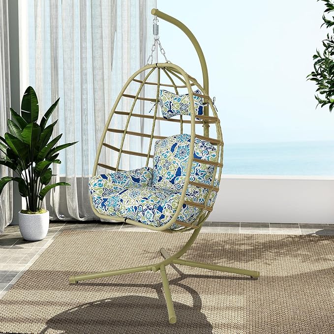 Hanging Egg Chair with Stand Outdoor Indoor Patio Rattan Swing Hammock Chairs with Washable Cushion 350lbs Capacity PE Wicker Swing Chair for Backyard Bedroom Garden (Cyan + Floral Cushion)