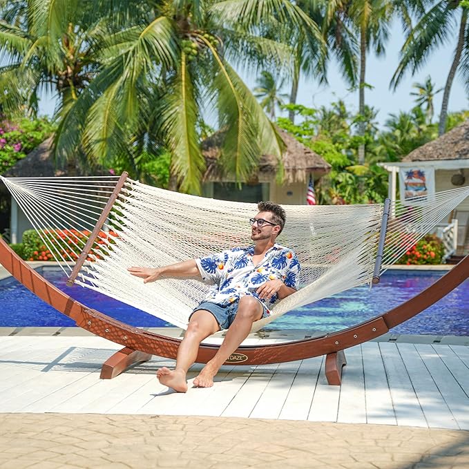 Lazy Daze Hammocks 10.5 FT Double 2 Person Caribbean Rope Hammock Hand Woven Polyester Hammock with Spreader Bars for Outside Outdoor Backyard Patio Poolside 450 LBS Capacity Cream