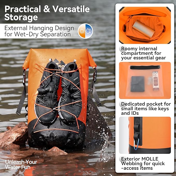 MARCHWAY Floating Roll Top Dry Bag Flexible Lightweight TPU Waterproof Backpack 20L/30L/40L with Padded Straps for Boating Kayaking Swimming Hiking Beach (Orange 40L)