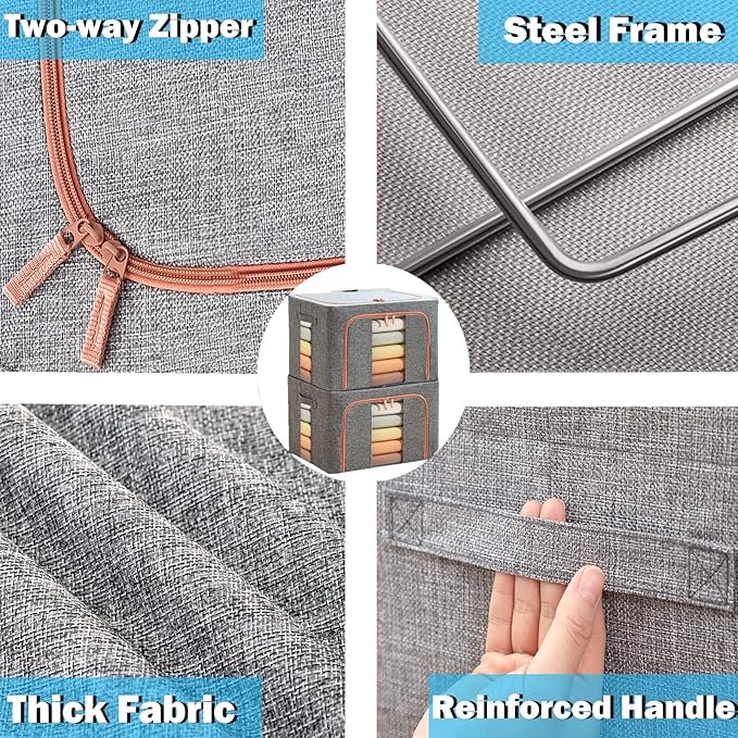Large Capacity Clothes Storage BagsStackable Storage Organizer with Foldable Metal Frame 2-Way Zipper Handles Clear Window for Clothes Bedding Seasonal Storage (3Pack 66L)