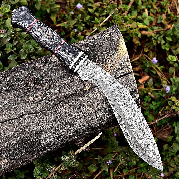 MR. CRAFT Custom Handmade Traditional Kukri Damascus Steel Fixed Blade Knife With Sheath Full Tang Heavy Duty Camping Knives - Gifts for Men (Black Wood &amp Brass Studs)