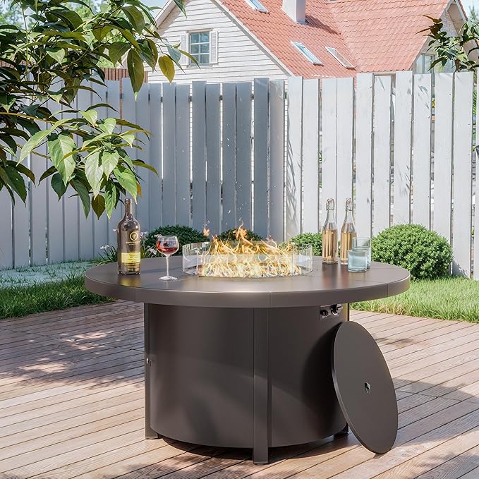 Kullavik 48 Round Propane Fire Pit Table55000 BTU Auto-Ignitiongas Gas Fire Table with Fire Glass and LidWaterproof Cover and Pumice Stone for PatioBalconyGarden