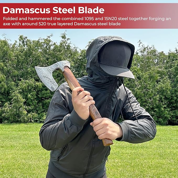 MedievalDepot Guiscard Hand Forged Bearded Damascus Axe - Overall 17 - Damascus Steel Blade - Comabat Outdoor &amp Collector
