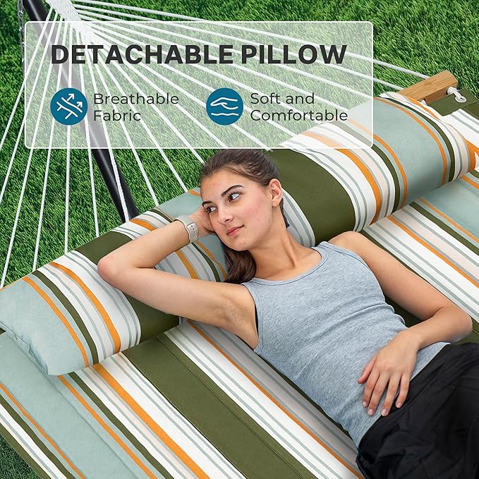 SUPERJARE Hammock with Stand 2 Person Quilted Outdoor Hammock Detachable Pillow &amp Bamboo Spreaders Portable Hammock with Carrying Bag Heavy Duty Stand Perfect for Outside Patio Retro Green