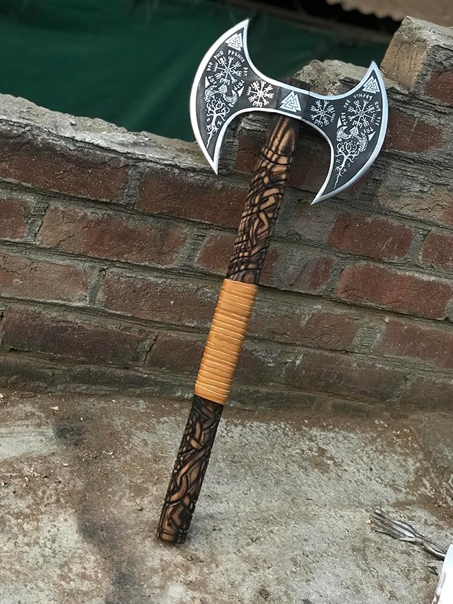 Medieval Viking Double Headed Axe – Double Sided Axe - Full Engraved Beautiful BattleVikings Twin Blades Authentic Two Sided Hatchet Norse Berserker Ax Carved Shaft with Leather Sheath