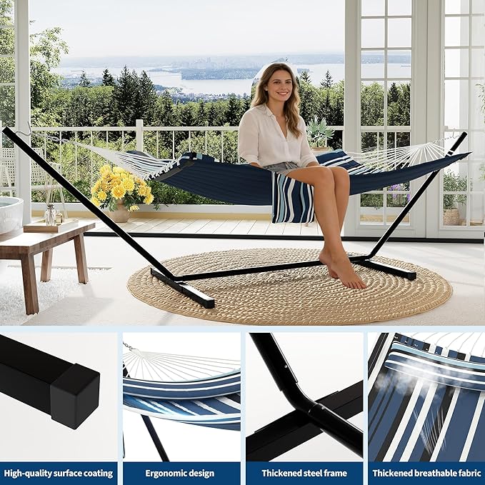 2 Person Double Hammock with Stand &amp Pillow 450 LBS Heavy Duty Outdoor Hammock with Balance Rope for Patio Backyard Poolside