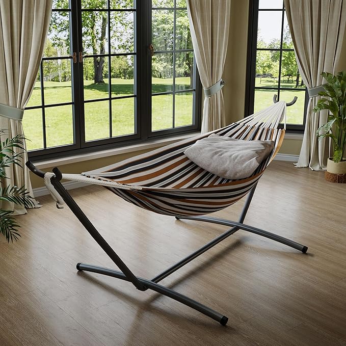 GarveeLife Double 2 Person Hammock Indoor Outdoor Standing Hammock with Space Saving Steel Stand Carry Bag 450 LBS Weight Capacity Suitable for Garden Camping Beach Coffee