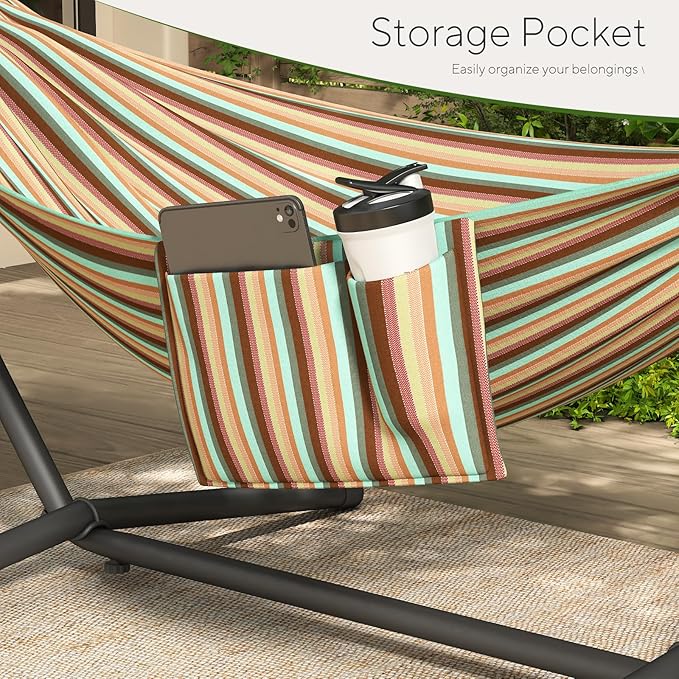 600lbs Hammock with Stand for Outside 2 Person Portable Hammock with Side Storage Carrying Bag Expend Wooden Bar for Outdoor or Indoor (Dark Rainbow)
