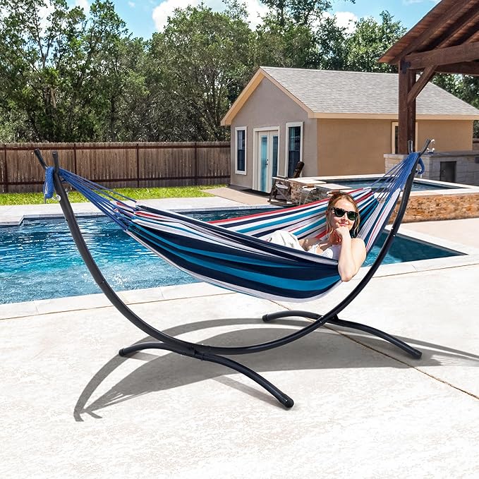SUNCREAT Hammocks for Outside with Stand Porch Hammock and Stand 475 lbs Capacity Blue &amp Red Stripes