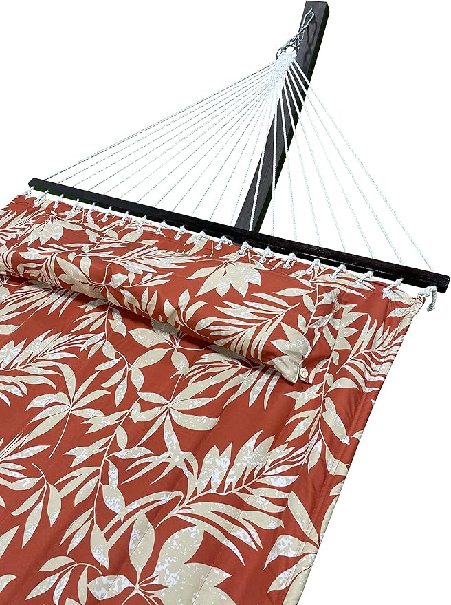 14 Ft. Wooden Arc Hammock Stand + Deluxe Quilted Double Padded Hammock Bed w/Pillow. 2 Person Bed. 450 LB Capacity(Coffee Stain/Elegant Floral)