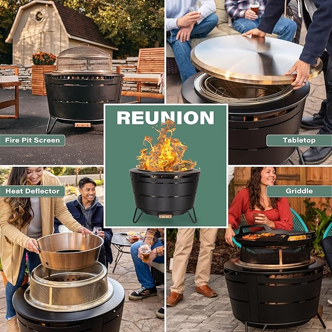 TIKI 27.5-Inch Smokeless Reunion Fire Pit Large Outdoor Fire Pit for Gatherings Wood Burning with Removable Ash Pan &amp Weather-Resistant Cover Modern Black Design – Perfect for Patio &amp Backy
