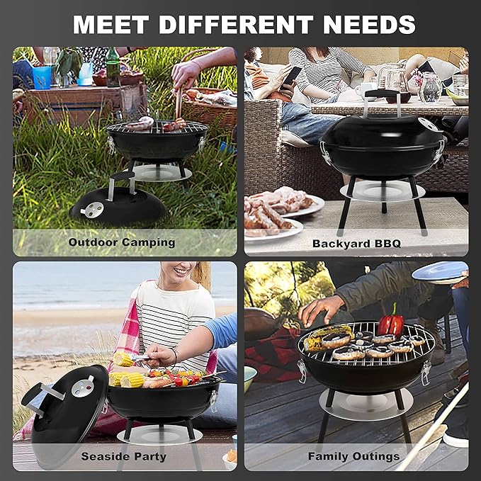 14 inch Charcoal Grill Joyfair Small Portable BBQ Grill with Locking Lid for Outdoor Camping/Patio/Backyard Barbecue/Tabletop Cooking Enamel Coated &amp Dual Vent System (Black)
