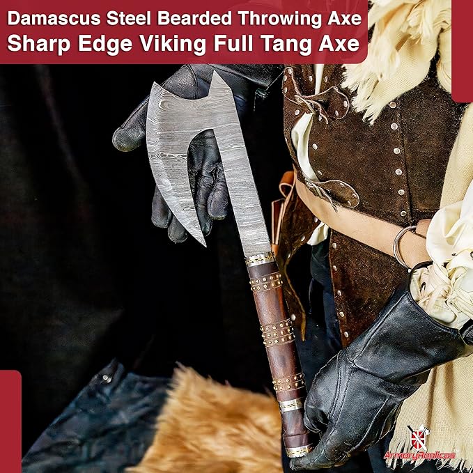 Armory Replicas™ Far Sight Full Tang Damascus Steel Bearded Axe Sheesham Wood Handle Brass Rivets Genuine Leather Sheath