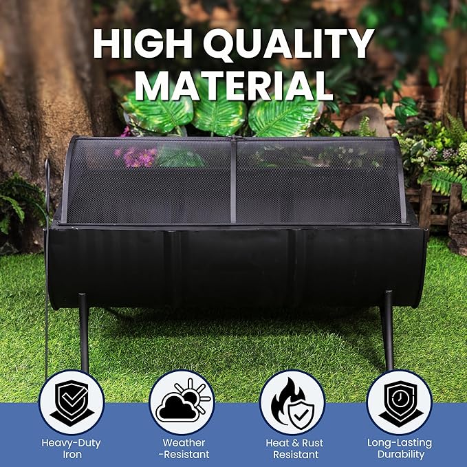 35-Inch Oval Barrel Wood Fire Pit – Steel Patio Backyard Heater with Safety Spark Screen Easy to Clean Elevated Log Grate and PVC Cover Black