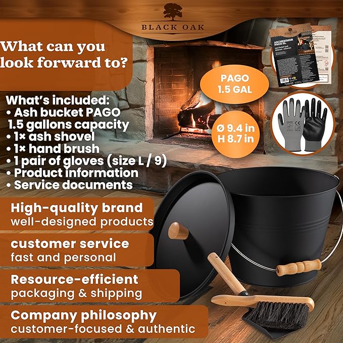 BLACK OAK Ash Bucket Pago 1.5 GAL - Black with lid with Wooden Handle + Brush + Shovel &amp Gloves - 5L Large Steel Fireproof Galvanized &amp Powder-Coated Bucket for ash Coal pellets Modern Desi