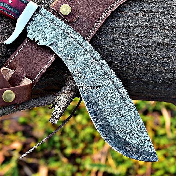 MR. CRAFT Custom Handmade Traditional Kukri Damascus Steel Fixed Blade Knife With Sheath Full Tang Heavy Duty Camping Knives - Gifts for Men (Red &amp Black Wood)