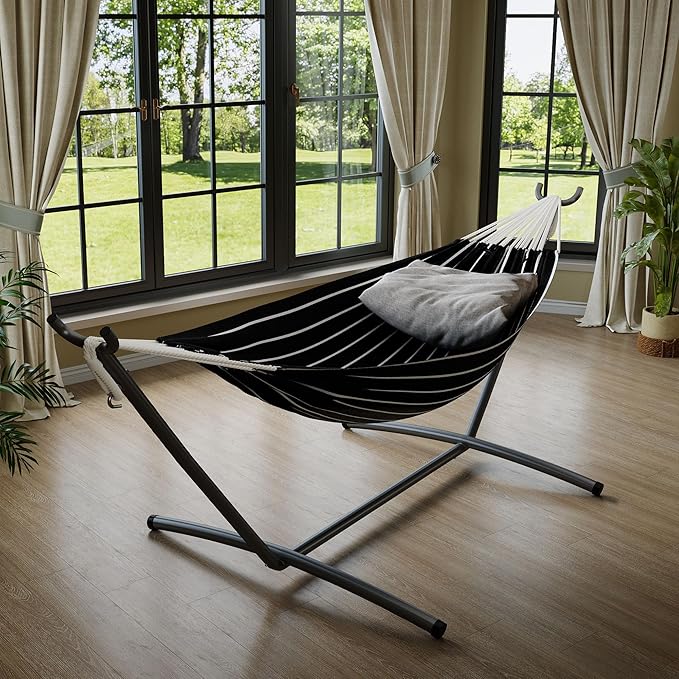 GarveeLife Double 2 Person Hammock Indoor Outdoor Standing Hammock with Space Saving Steel Stand Carry Bag 450 LBS Weight Capacity Suitable for Garden Camping Beach Onyx