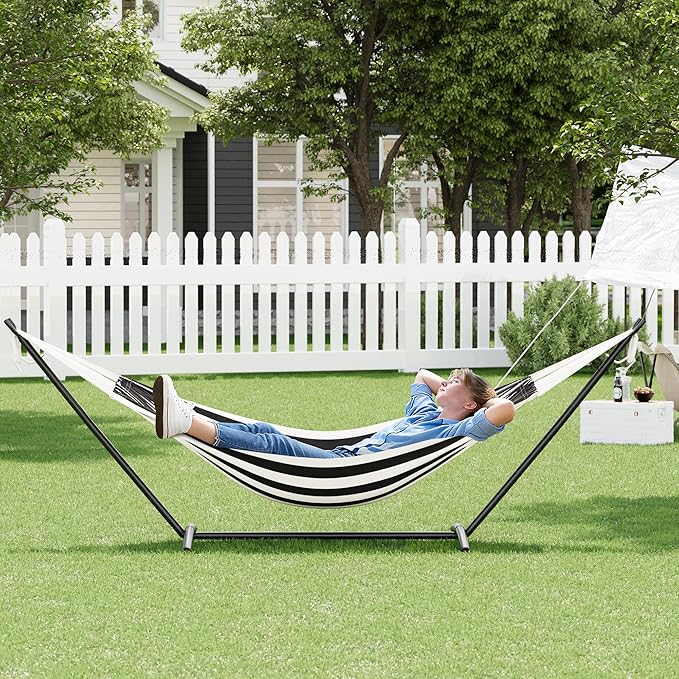 Double Cotton Hammock with Steel Stand for Outside Brazilian Style 450lbs Capacity Portable Indoor Outdoor Lounger with Carry Bag 2-Person Capacity Ideal for Backyard Garden Camping Black