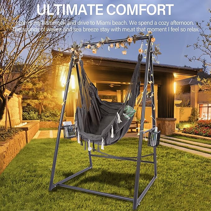 Hammock Chair Hanging Rope Swing &amp Stand Set with Two Holders Heavy Duty Hanging Stand with Three Hooks Multi-Use for Indoor Outdoor Patio Yard Garden(Black &amp Black)