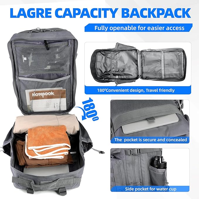 gracedon Tactical Backpack for Men 3 Day Rucksacks for Trekking Camping (grey)