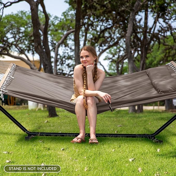 SUNCREAT Double Quilted Hammock with Hardwood Spreader Bar Extra Large Soft Pillow Heavy Duty 2 Person Hammock for Indoor Outdoor Brown