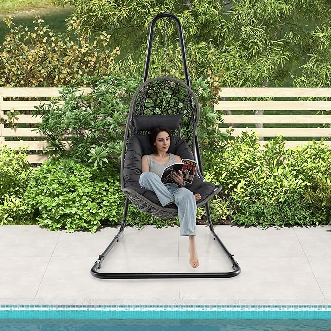 Giantex Hammock Stand for Outside Heavy-Duty Metal Swing Stand with Safety Hook &amp Sturdy Chain Height Adjustable Hanging Chair Stand for Indoor Outdoor Porch Patio Yard Poolside Black