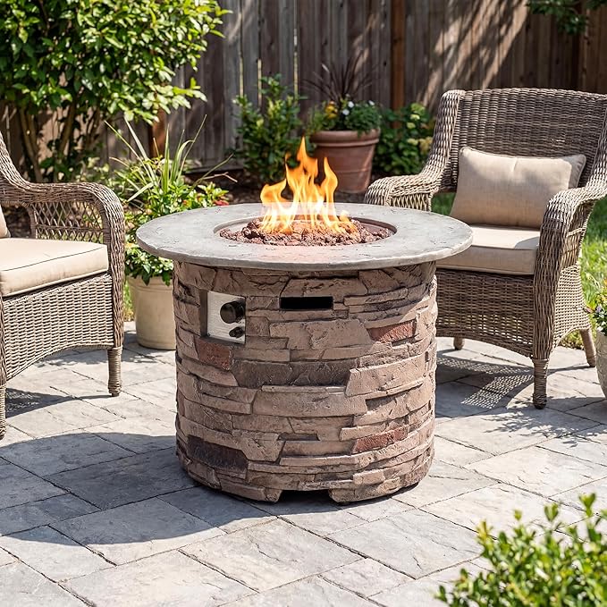 COSIEST Outdoor Propane Concrete Fire Pit Table w Imitation Stone Surface 32-inch Round Fire Table Certified 40000 BTU Stainless Steel Burner Free Lava Rocks Fits 20lb Tank Inside