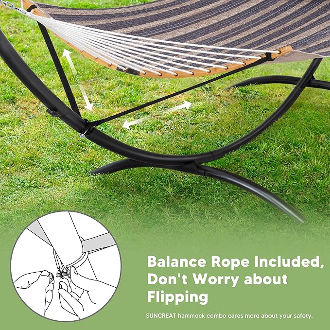 SUNCREAT Hammocks for Outside with Stand Porch Hammock and Stand 475 lbs Capacity Patent Pending Gray Stripes