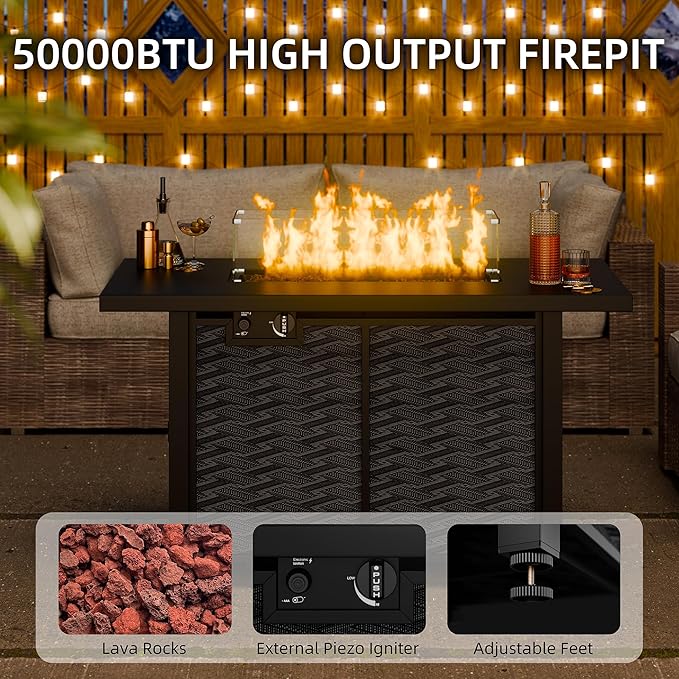 43 Propane Fire Pit Table with Glass Wind Guard &amp Lid 50000 BTU Outdoor Gas Fireplace Weather-Resistant Smokeless 2-in-1 Rectangular Coffee Table for Patio Garden