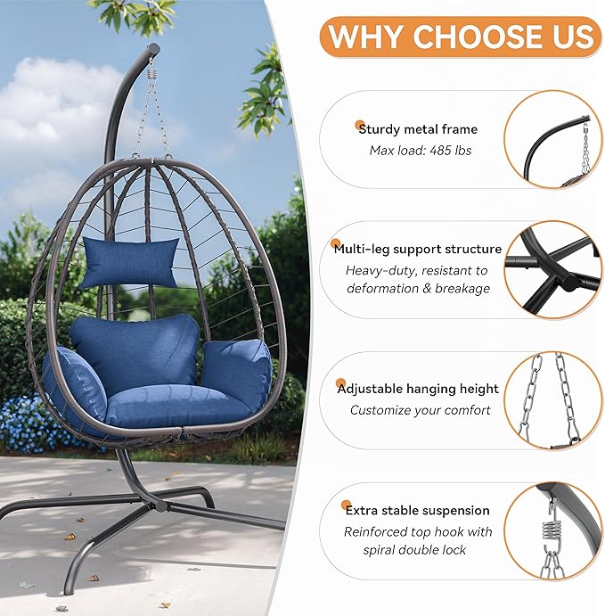 ALAULM Foldable Egg Chair with Stand 485LBS Capacity Wicker Rattan Hammock Swing Chair for Outdoor &amp Indoor Patio Hanging Chair with Strong Frame &amp UV Resistant Cushion for Balcony Bedroom