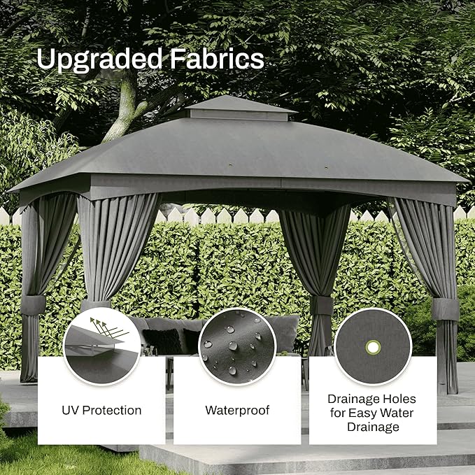 Florise Heavy Duty Gazebo 11 x 13 Ft Outdoor Patio Pavilion with Galvanized Steel Metal Frame and Double Roof Curtain and Netting Included for Outside Garden Yard &amp Lawn