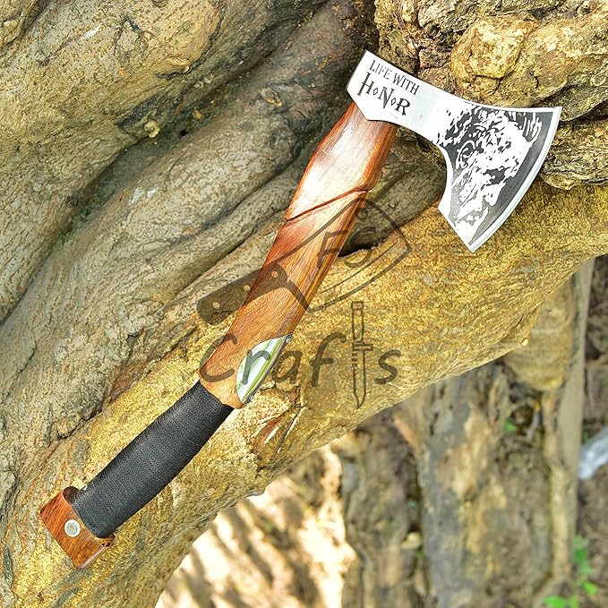 Viking Axe with Ragnar Lothbrok Face Etched - FS Crafts Axe001 - Handmade High Carbon Steel Ragnar Axe with Sheath - Viking Etched Axe for Camping Hunting Outdoors