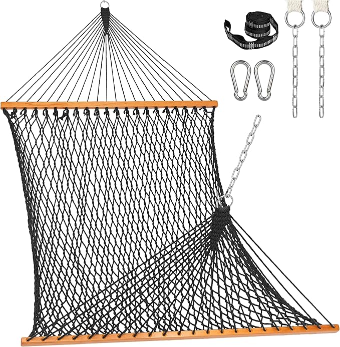 Lazy Daze Hammocks Double Rope Hammock 2 Person Traditional Outdoor Hand Woven Cotton Rope Hammock with Spreader Bar Carabiners Tree Straps Chains for Patio Yard - Max 450 Lbs Dark Grey