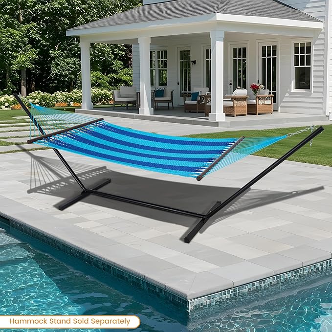 Lazy Daze Hammocks 10.5 FT Double 2 Person Caribbean Rope Hammock Hand Woven Polyester Hammock with Spreader Bars for Outside Outdoor Backyard Patio Poolside 450 LBS Capacity Blue/SkyBlue