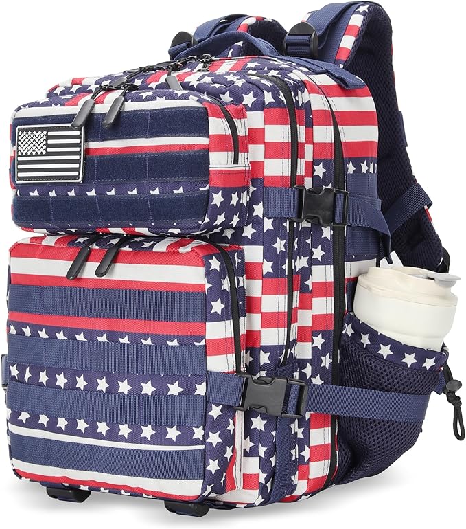 Lovelinks21 25L Tactical Military Backpack Small Travel Backpack for Men and Women Assault Pack Bug Out Bag Molle Daypack Gym Backpack with Bottle Holder (Flag)